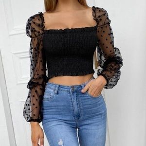Black crop polka dot sheer mesh sleeve